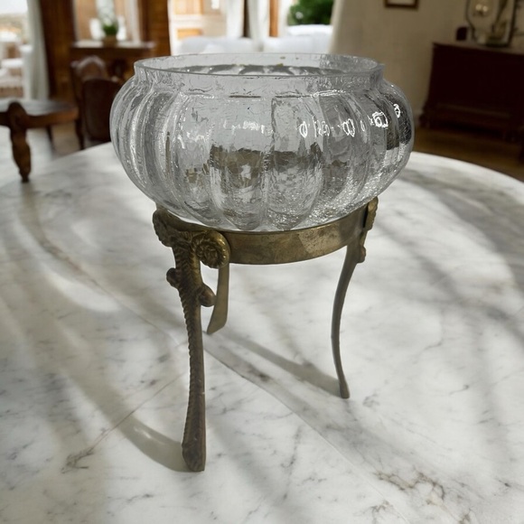 Vintage Scalloped Crackle Glass Bowl and Gold Brass Stand - Picture 5 of 7